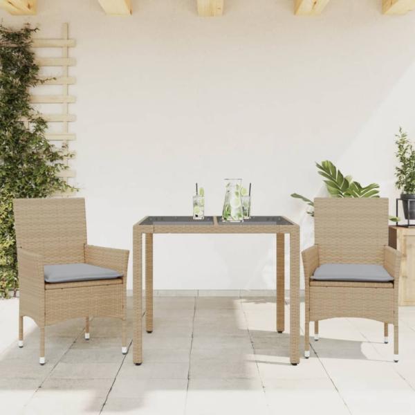 vidaXL 3-tlg. Garten-Essgruppe mit Kissen Beige Poly Rattan und Glas 3278561