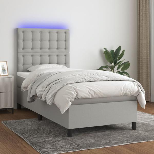 vidaXL Boxspringbett mit Matratze & LED Hellgrau 90x190 cm Stoff 3135157