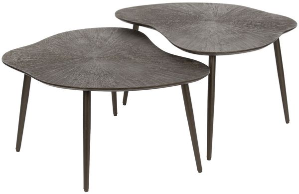 Couchtisch 2er-Set Taroya aus Metall mit Strahlenstruktur, modern, organische Form, braunbronze
