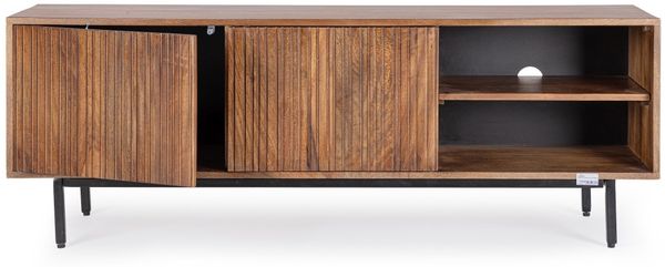 TV Board Atidat aus Mangoholz, modernes Design, 140 cm Breite, braun, Metallgestell, Push-to-Open-System Bild 3