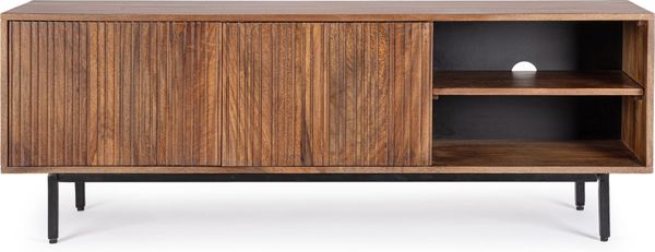 TV Board Atidat aus Mangoholz, modernes Design, 140 cm Breite, braun, Metallgestell, Push-to-Open-System Bild 2
