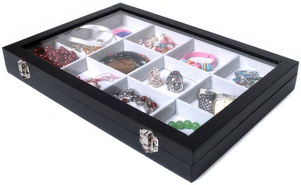 Yudu Schmuckkasten Schmucktablett Schmucklade mit Glasdeckel weiss /schwarz