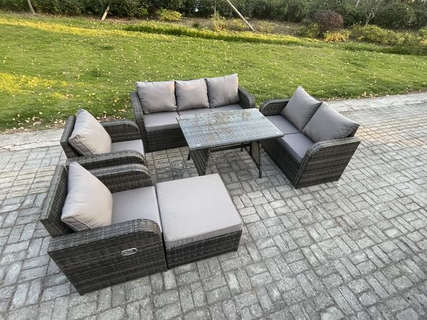 Fimous 8-Sitzer Hoher Rücken Polyrattan Sofa Set Gartenmöbel Esstisch Set mit Liegestühle 3-Sitzer Sofa Love Sofa 2 Großer Hockern