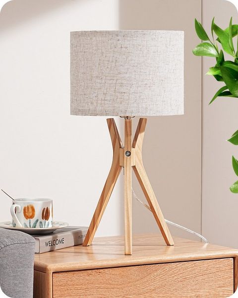 EDISHINE Nachttischlampe Nachttischlampe Holz, LED wechselbar, Warmweiß, LED Tischlampe mit Leinen Lampenschirm, Beige, Inkl. Leuchtmittel