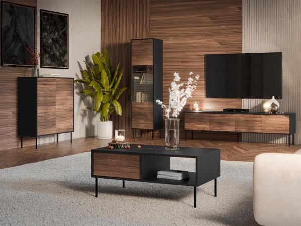 Wohnzimmer-Set Cuird I Kommode, TV-Lowboard, Couchtisch, Vitrine (Farbe: Schwarz / Nuss Warmia)