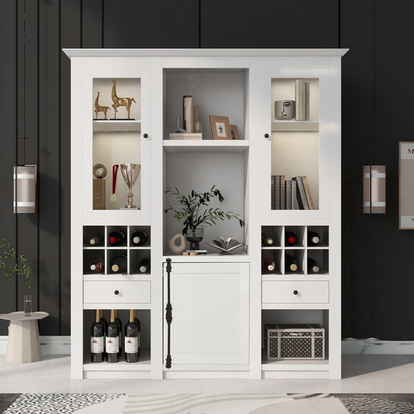 Vitrine 143x45,5x170 cm, weiße MDF-Vitrine mit 16-Farben LED, Acryl-Fronten und Stauraum
