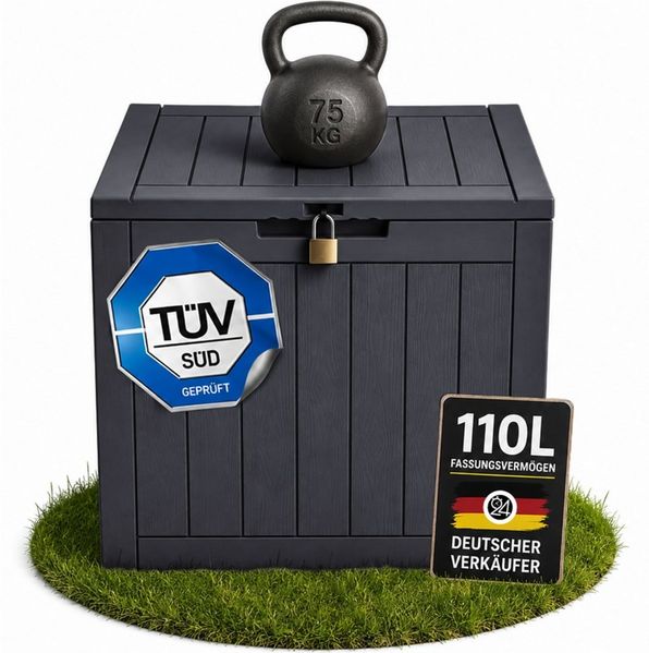 ONDIS24 Gartenbox City Cube Holzoptik Kissenbox Poolbox Sitztruhe 110L, UV,- und witterungsbeständig, abschließbar