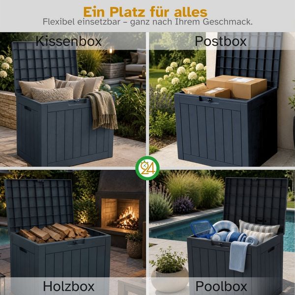 ONDIS24 Gartenbox City Cube Holzoptik Kissenbox Poolbox Sitztruhe 110L, UV,- und witterungsbeständig, abschließbar Bild 3