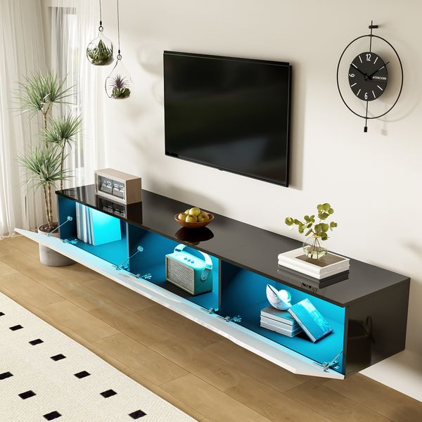 TV-Schrank 180 x 35 x 30 cm, Schwarz-Weiß, Hochglanz/Matt, mit LED-Beleuchtung, wandmontierbar