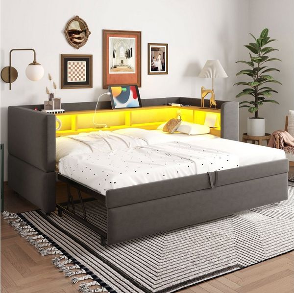 MODFU Schlafsofa Polsterbett Daybett Funktionsbett, Ausziehbares Tagesbett 90/180*190 cm mit LED-Beleuchtung, Steckdosen & Stauraum, für Wohnzimmer, Schlafzimmer & Gästezimmer