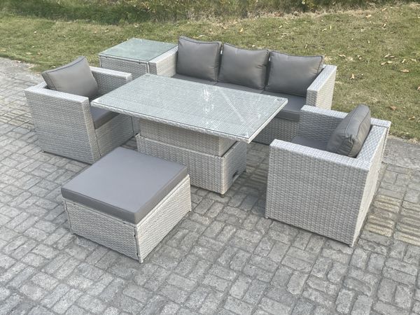 Fimous Rattan Gartenmöbel Set mit Sofa; Höhe verstellbar Esstisch und Hocker;Sessel;Beistelltisch;Outdoor Terrassen Essgruppe 6-teilige Sitzgruppe Helles Grau