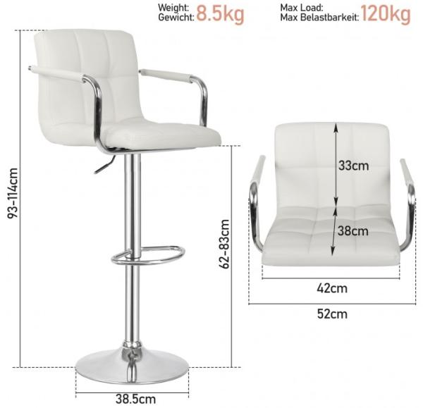 MIADOMODO® Barhocker - 2er Set, Höhenverstellbar, mit Rückenlehne, Armlehne, Fußstütze, Drehbar, 360 Grad, Stahl, Kunstleder, Gepolstert, Weiß - Barstuhl, Tresenhocker, Küchenstühle, Küchenhocker