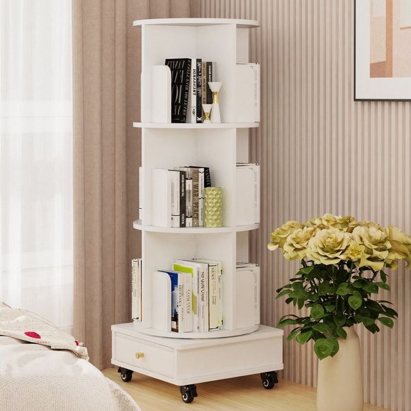 JEOBEST Bücherregal Drehbare Bücherregal, Standregal mit Schubladen, 1-tlg, 360° Rotating Bookshelf, mit Rollen