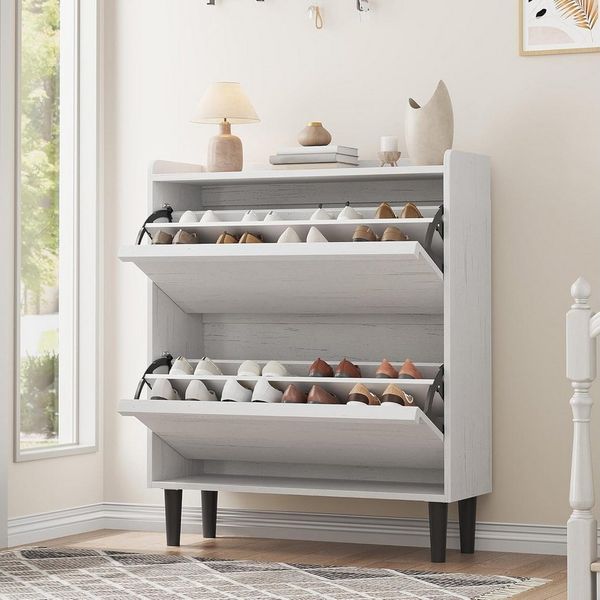 GarveeMore Schuhschrank aus Holz mit 2 Klappschubladen und verstellbarem Regal Schuhregal,Schuhkipper für Flur,Wohnzimmer,88x27x95.5cm