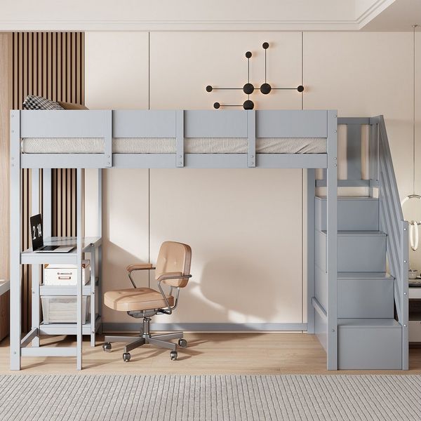 Merax Hochbett mit Aufbewahrungstreppe, Ablageregal & Schreibtisch (Jugendbett Einzelbett, 1-St) Kieferholz Kinderbett 90x200cm mit hoher Umrandung & Stauraum