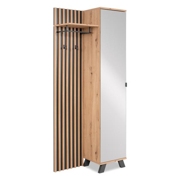 Industrial Style Garderobe Kleiderständer, mit Spiegel, Garderobenpaneel, Holz Eiche Anthrazit, 2 Kleiderhaken