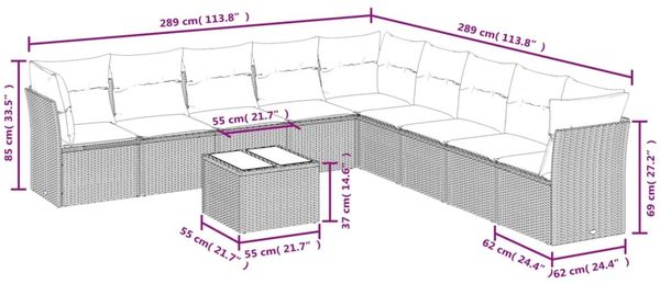 vidaXL 10-tlg. Garten-Sofagarnitur mit Kissen Braun Poly Rattan 3217793 Bild 7