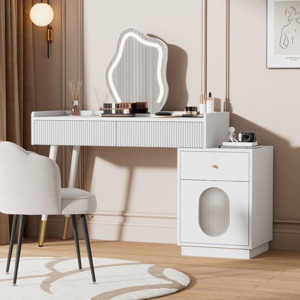 Schminktisch mit LED-Spiegel, 100 x 40 x 75 cm, 2 Schubladen & Seitenschrank, Weiß
