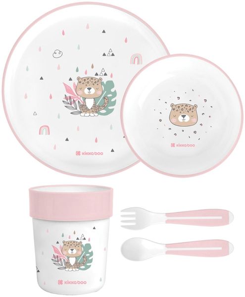 Kikkaboo Kindergeschirr Set Savanna 5-teilig Tiermotiv, Schale, Teller, Besteck pink