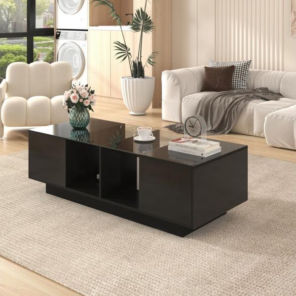 HAUSS SPOLE Couchtisch Hochglanz-Couchtisch mit Glasablage, 2 Türen, LED-Licht schwarz, Kaffeetisch mit Stauraum und Glastischplatte Wohnzimmertisch