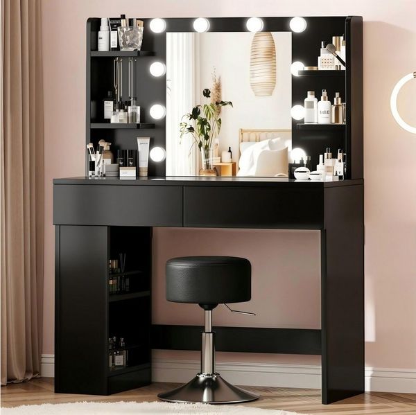 HOMALL Schminktisch mit Spiegel, LED-Beleuchtung, einstellbare Helligkeit, ostern (Länge × Breite × Höhe) 90/110 × 40 × 135 cm, 8 offene Fächer (2 seitliche Fächer sind nach links und rechts verschiebbar), 2 große Schubladen – Ostergeschenk)