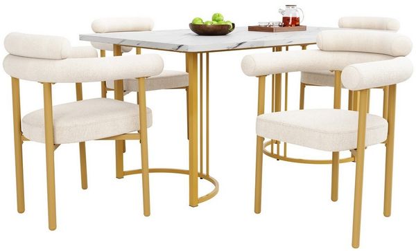 OKWISH Essgruppe Esstisch mit Samt-Stühlen, (Esstisch- und Stuhlset, elegante Metall-Tischbeine, komfortable Samt-Hohlsessel in Creme, für moderne Wohnzimmer & Restaurants, langlebig & stylish, 5-tlg)