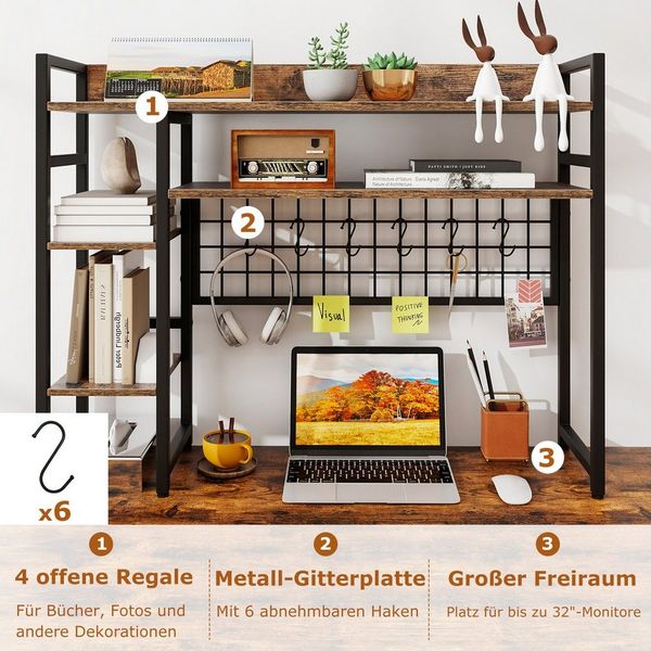 COSTWAY Bücherregal, Schreibtischregal Aufsatzregal mit Haken, 94x25x74cm