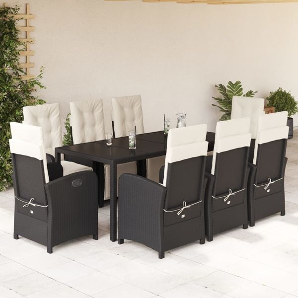 vidaXL 9-tlg. Garten-Essgruppe mit Kissen Schwarz Poly Rattan 3212455