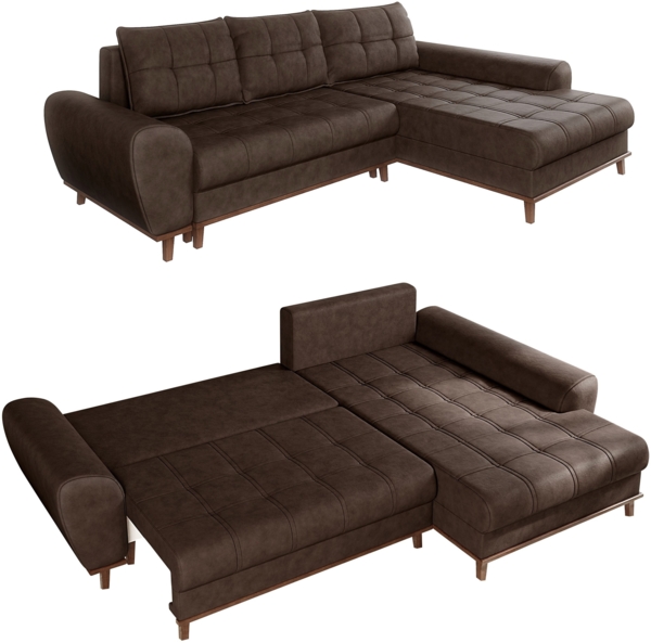 Ecksofa mit Schlaffunktion Bettkasten in Leder-Optik Mikrofaser Vintage Braun