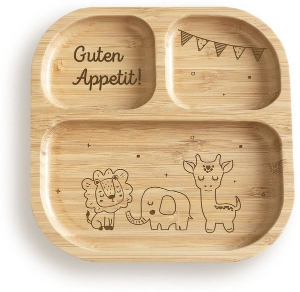 hellomini Kindergeschirr-Set Babyteller "Safari" Bambus Nur Teller (1-tlg), 1 Personen, Bambus, Silikon, BPA-frei, mit Motiv, rutschfest,Saugnapf, Montessori-Fächer