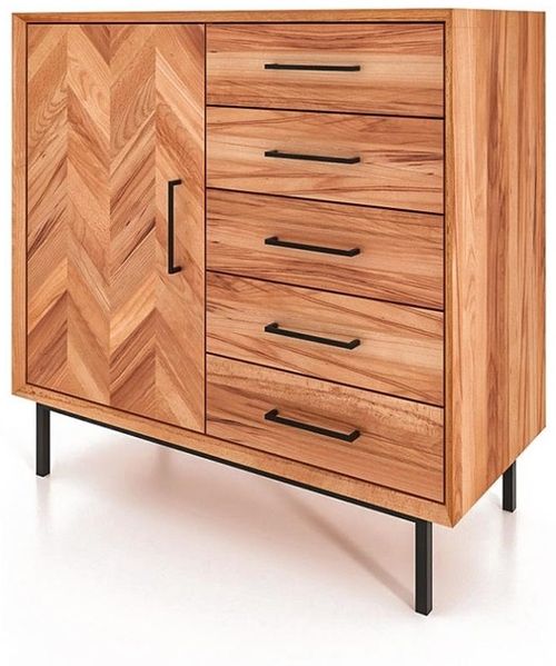 Kommode Seiba Kernbuche massiv 97x45x95 mit 1 Tür 5 Schubladen Fischgrätmuster
