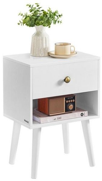 Vasagle Nachttisch, Beistelltisch mit Schublade und offener Ablage, Holzbeine, Couchtisch für Wohnzimmer, Schlafzimmer, Sofa, schneeweiß