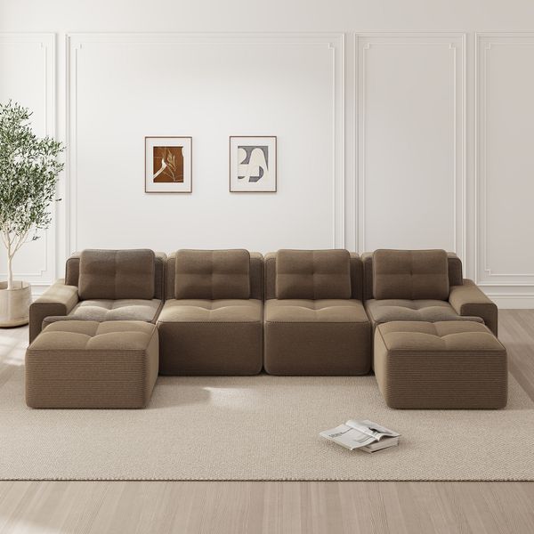 Sofa aus Cord in Braun mit 74 cm Tiefsitz, modularem Design und rutschfester Basis,69 x 382 x 177 cm