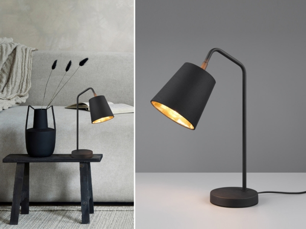 LED Tischleuchte Spot schwenkbar, Metall & Stoffschirm Schwarz/Gold, Höhe 45cm