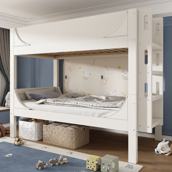 Etagenbett 90×200 cm aus Massivholz und MDF mit flexibler Leiter, weiß