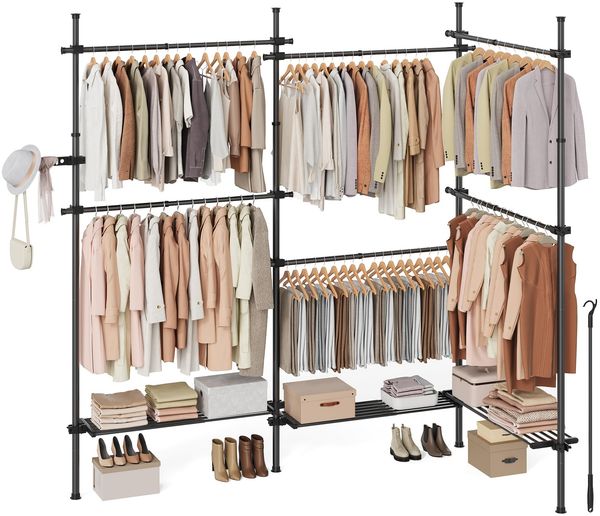 SONGMICS Teleskopstange Kleiderständer, 3-stufige Garderobe, höhen- und breitenverstellbar, offener Kleiderschrank mit 6 Kleiderstangen und 3 abnehmbaren Ablagen, Greifarm, Mattschwarz HSR155B01
