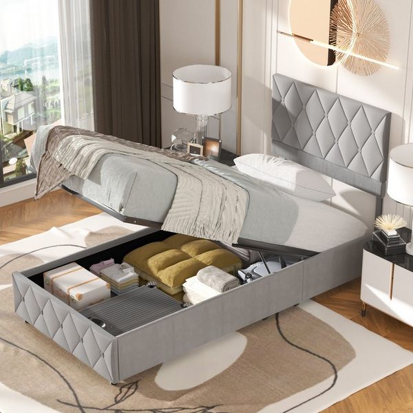 HAUSS SPOLE Polsterbett mit Bettkasten,hydraulische Funktionsbett Stauraumbett (Strapazierfähig und schmutzabweisend,elastische Polsterung, 90x200 cm mit Lattenrost ohne Matratze), Lattenrost, schlichtes Design