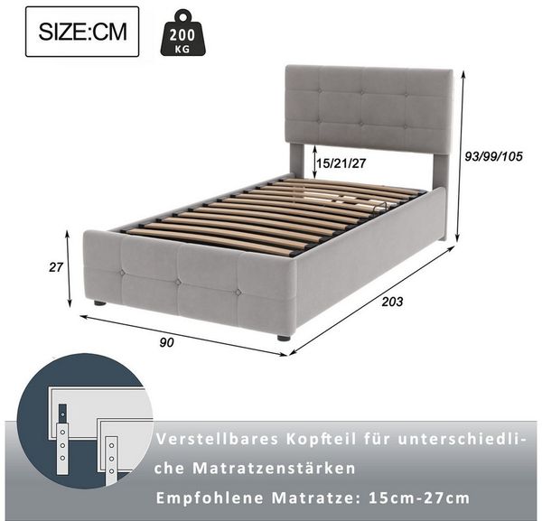 Celya Polsterbett Kinderbett 90x200 cm, Hydraulisches Stauraumbett (Ohne Matratze, Einzel-Hoch Boxbett, Samtstoff)