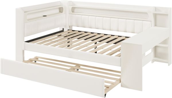Gepolstertes 140x200 Tagesbett mit USB-Anschlüssen und LED-Gürtel, mit Ausziehbett und Schreibtisch, Weiß Bild 8