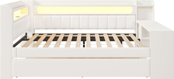Gepolstertes 140x200 Tagesbett mit USB-Anschlüssen und LED-Gürtel, mit Ausziehbett und Schreibtisch, Weiß Bild 7