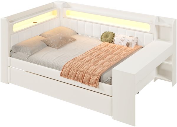 Gepolstertes 140x200 Tagesbett mit USB-Anschlüssen und LED-Gürtel, mit Ausziehbett und Schreibtisch, Weiß