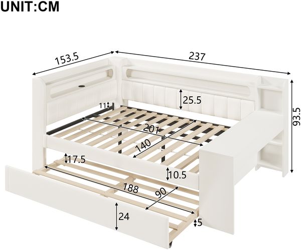 Gepolstertes 140x200 Tagesbett mit USB-Anschlüssen und LED-Gürtel, mit Ausziehbett und Schreibtisch, Weiß Bild 5