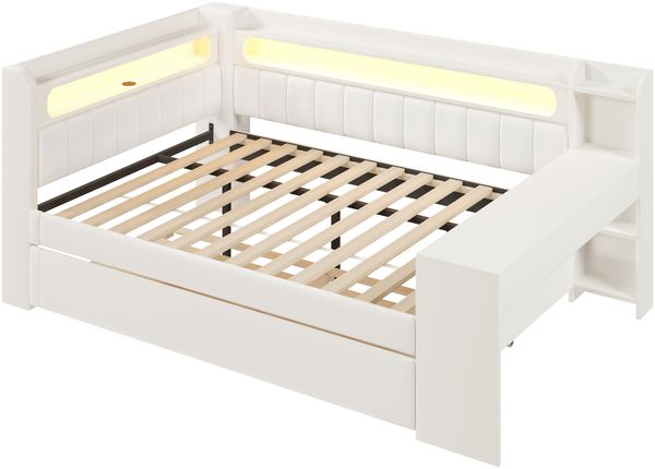 Gepolstertes 140x200 Tagesbett mit USB-Anschlüssen und LED-Gürtel, mit Ausziehbett und Schreibtisch, Weiß Bild 9