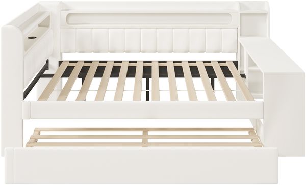 Gepolstertes 140x200 Tagesbett mit USB-Anschlüssen und LED-Gürtel, mit Ausziehbett und Schreibtisch, Weiß Bild 6