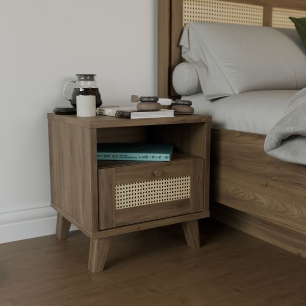 Forte GLENKEEN Nachtkommode 45, Nachttisch im Boho-Stil mit Rattangeflecht, 1 Schublade, Holzwerkstoff, Valencia Eiche Holzdekor|Naturrattan, 44,8 cm breit x 48 cm hoch x 42 cm tief