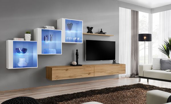 Hängende Wohnwand Switch XX in Weiß und Wotan 330 x 150 6-teilig
