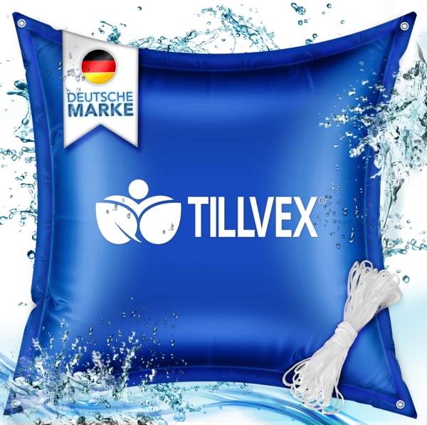 tillvex® Poolkissen Winter XXL 4 Stück - 120x120cm blau | Luftkissen inkl. Reparaturkit | Winterkissen mit Sicherheitsventil | Poolpolster Pool Abdeckung Kissen Doppelnaht