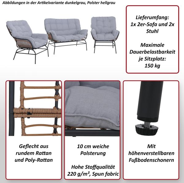 Lounge-Set HWC-P75, Gartengarnitur Sofa Sitzgruppe, Stoff 220g/m² Poly-Rattan Metall ~ dunkelgrau, Polster hellgrau Bild 2