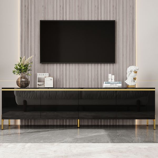 TV-Schrank 170 x 38 x 50 cm mit 4 Türen – hochglänzendes Lowboard in Schwarz mit Kabeldurchführung