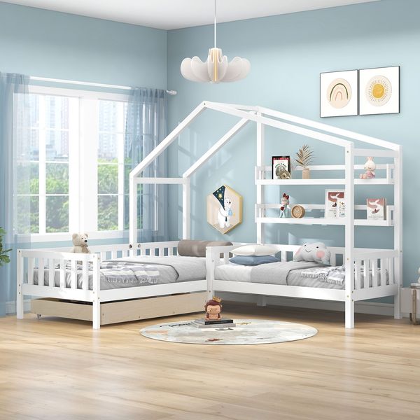 Etagenbett 90x200cm, mit Tisch, Kleiderschrank, Schutzgitter & 4-stufiger Leiter, Holz, weiß